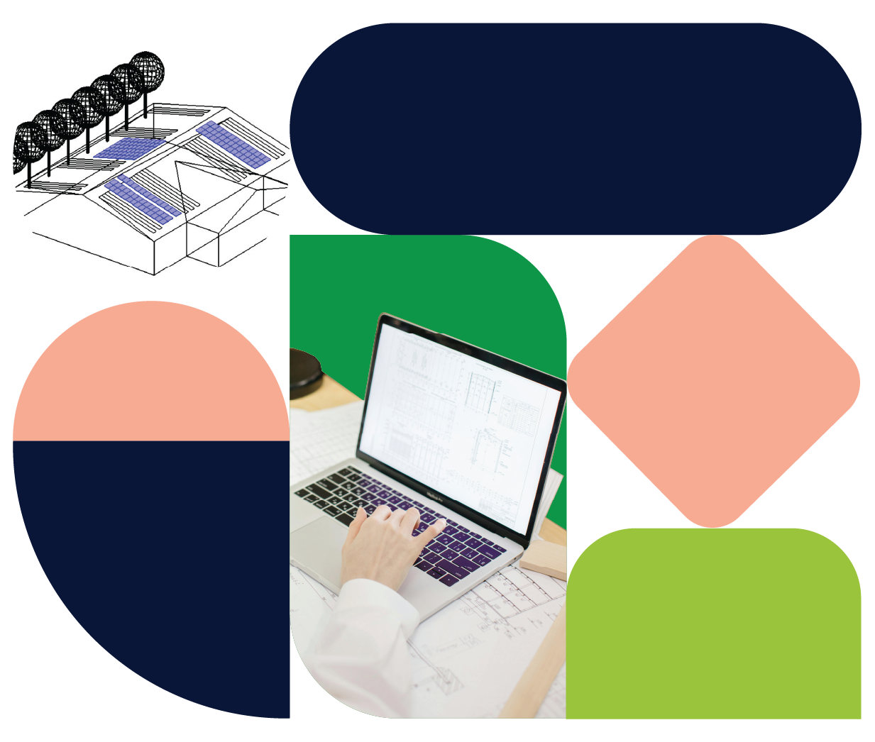 feasibility studies for wind turbine installation - geometric shapes with a cad diagram in one corner and an image of someone on a laptop in the centre