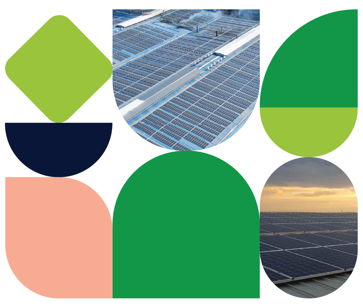 Geometric shapes in bright colours with close ups of commercial solar panels in some of the frames