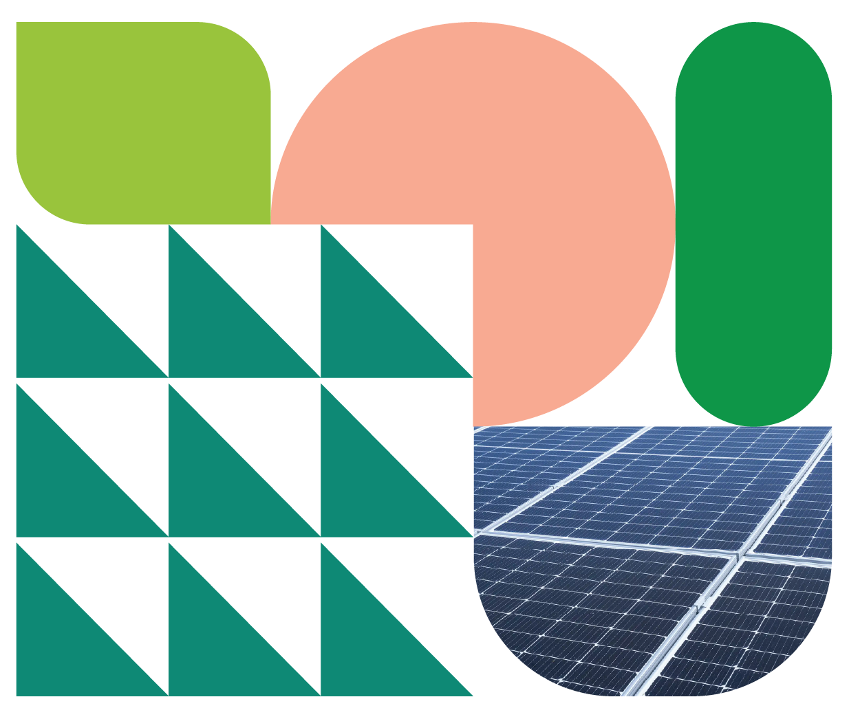 Abstract collection of geometric shapes including close up image of solar panels depicting solar panel installation