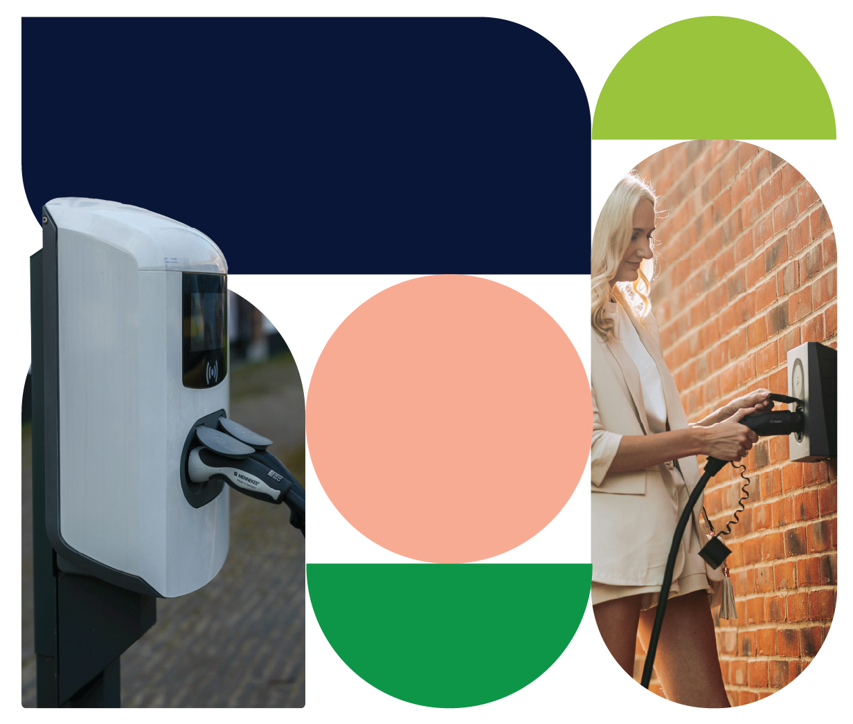 Abstract layout combining close-up views of wall-mounted charging units and a person connecting a cable, illustrating commercial EV charger installation for business locations.