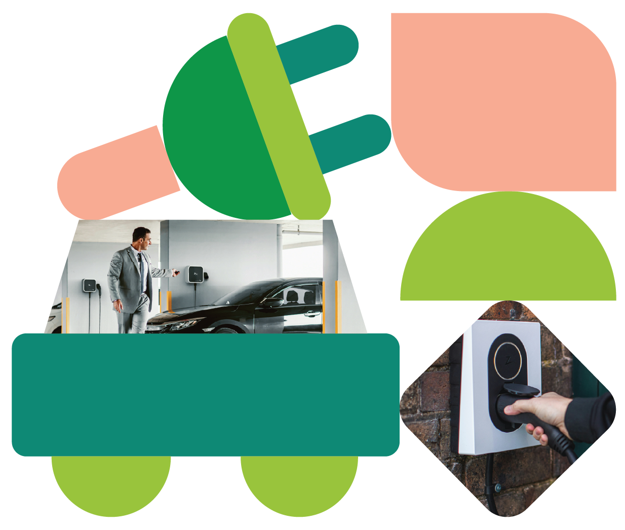 Geometric design featuring an electric vehicle plugged into a charging point outside a building, representing a commercial EV charger installation in a workplace setting.