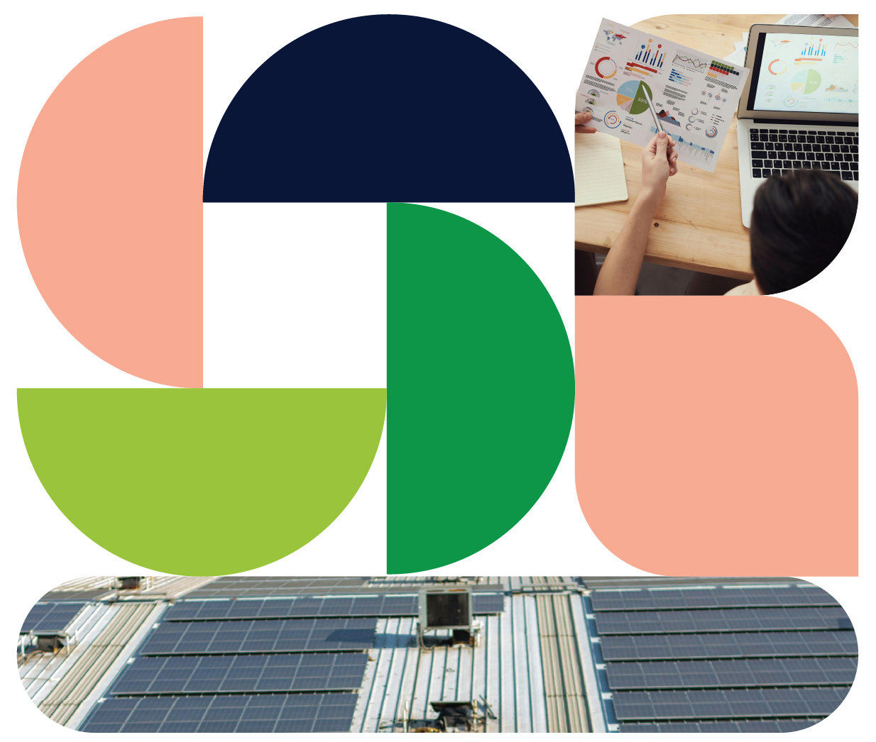 Abstract geometric design combined with rooftop solar panels and data analysis visuals, representing energy analysis and planning for decarbonisation strategies.