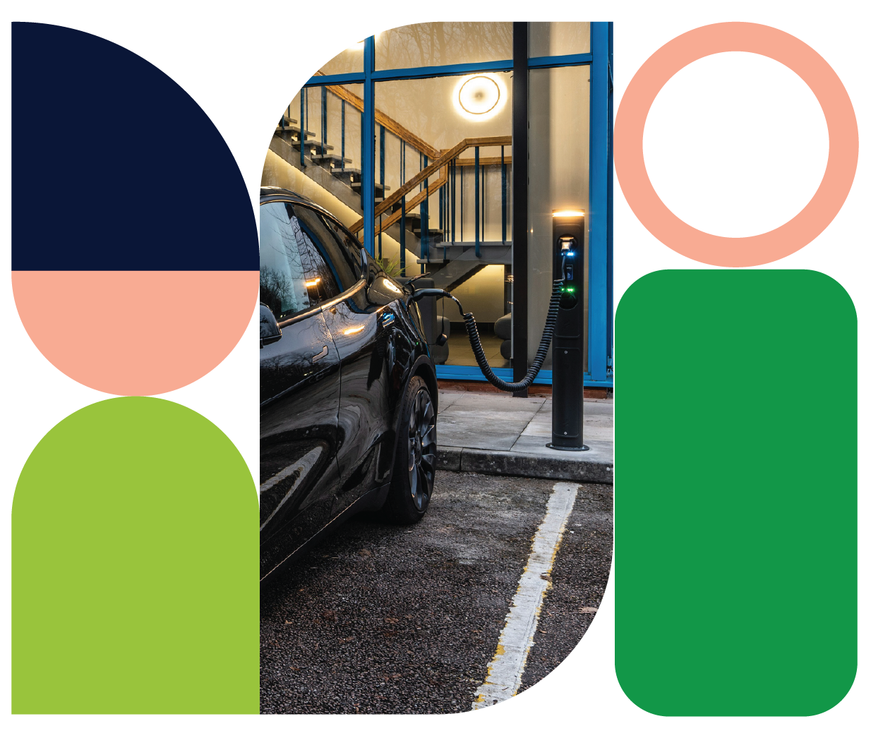 Modern geometric illustration with electric vehicle charging scenes in parking and residential-style environments, highlighting commercial EV charger installation solutions.