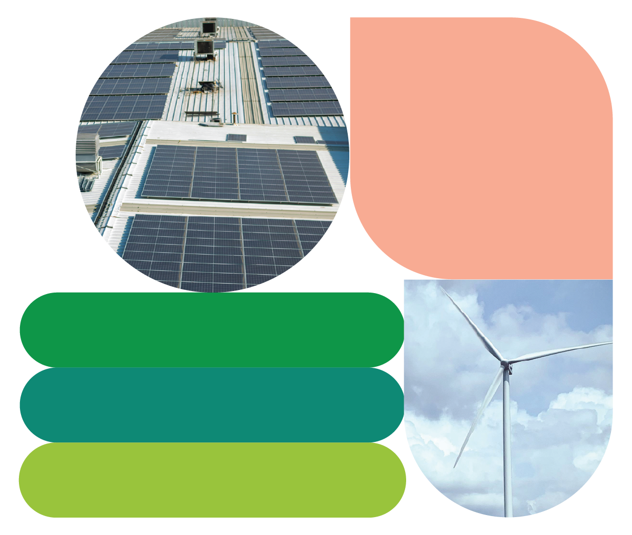 Graphic layout featuring rooftop solar panels and a wind turbine against a cloudy sky, combined with abstract green and orange shapes, representing sustainability and funding for renewable energy initiatives.