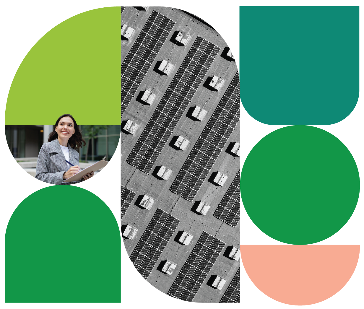 Abstract geometric layout featuring rooftop solar panels and a professional holding documents, representing integrated renewable energy services and business energy audits